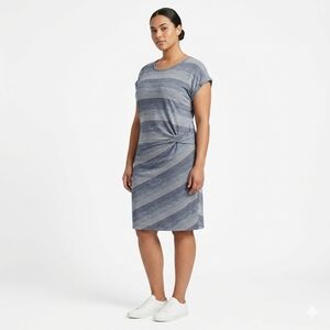 GAP Striped Ruched Waist Short Sleeve Dress  Size Large Tall Blue Gray